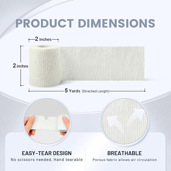 18 Pack Self Adhesive Bandage Wrap, Self Adherent Tape Cohesive Bandage Wrap for Sports, 2 Inch White Elastic Compression Wrap for Home Care Supplies, Wrist and Ankle During Gym Workouts
