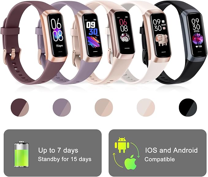Fitness Tracker, Activity Trackers with 24/7 Heart Rate, Blood Oxygen Blood Pressure Sleep Monitor, Step Counter with 1.1" AMOLED Touch Color Screen, Calorie Pedometer Health Smart Watch for Women Men