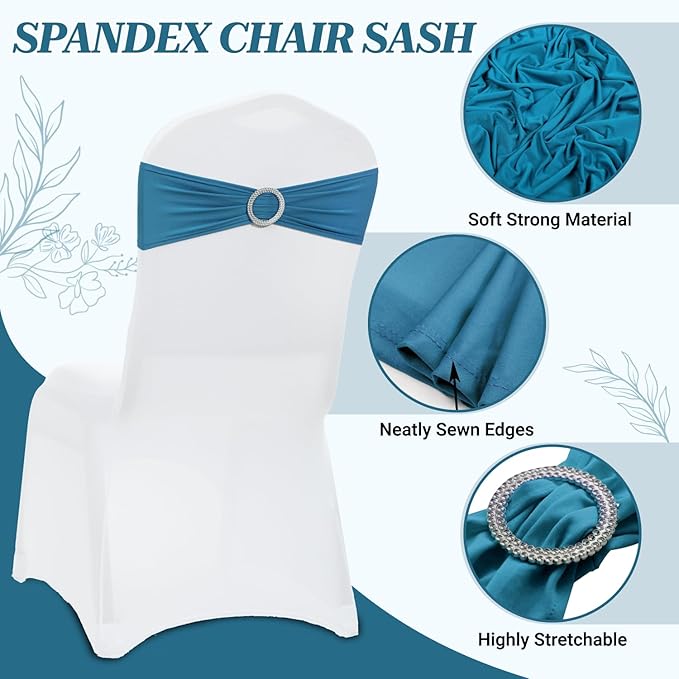 MDS Pack of 75 Spandex Chair Sashes Bow Premium Stretch Chair Cover Band with Buckle Slider Universal fits Elastic Dining Chair Ties for Wedding Party Banquet Events Decoration - Dark Teal