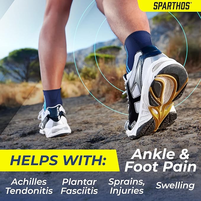 Sparthos Ankle Compression Socks (Pair) – Plantar Fasciitis Ankle Brace with Arch Support – for Men and Women – Foot Sleeves – Increase Blood Circulation, Reduce Swelling & Heel Spurs (Blue-L)
