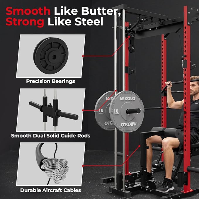 Mikolo F4 2.0 Power Cage with Dual-Track Smooth Pulley System, 1200LBS Power Rack with Leg Hold-Down for Heavy LAT Pulldowns, All-in-One Squat Rack with More Training Attachments for Home Gym