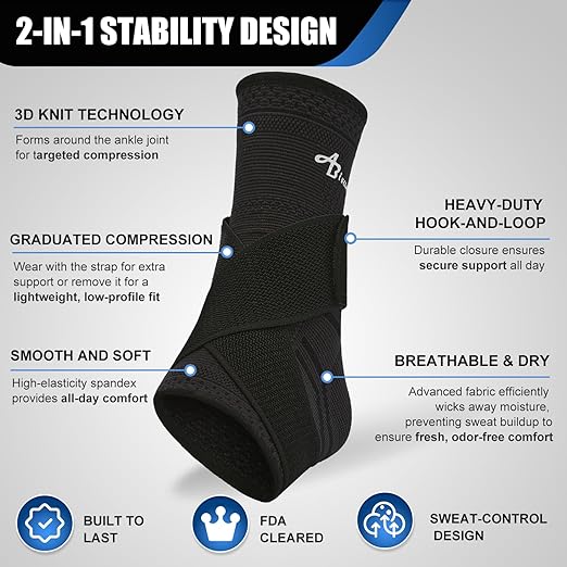 ABIRAM Ankle Brace for Men & Women - Adjustable Compression Sleeve with Wrap, Ion-Matrix Support for Sprained Ankle, Plantar Fasciitis, Achilles Tendonitis Relief - Breathable Gear for Running, Sports