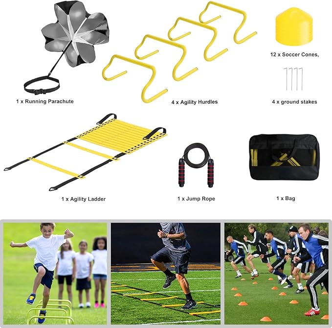 Agility Ladder Set 20ft, 4 Hurdles, 12 Soccer Cones, Jump Rope & Running Parachute - Speed Agility Training Equipment for Soccer Fitness Kids Youth Adults