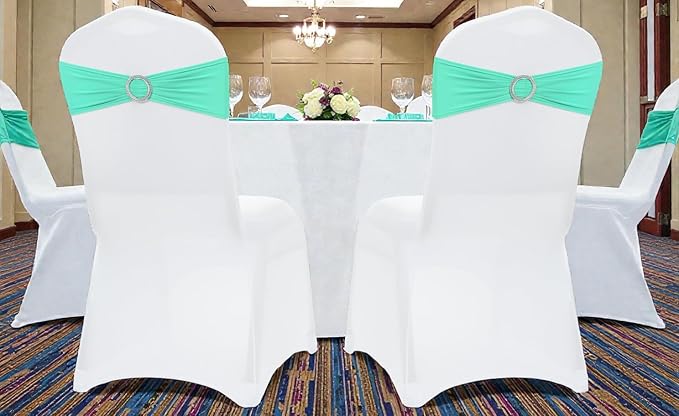 MDS Pack of 25 Spandex Chair Sashes Bow Premium Stretch Chair Cover Band with Buckle Slider Universal fits Elastic Stretch Chair Ties for Wedding Party Banquet Events Decoration - Sea Green