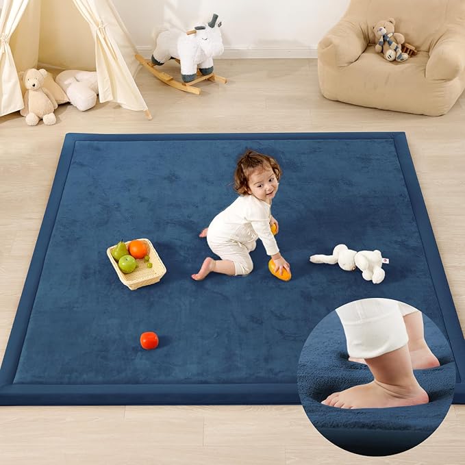 1.3" Thick Baby Play Mat for Floor, 79x79 Large Foam Tummy Time Mat, Padded Support Soft Plush Nursery Rug for Infant Kids Toddler Crawling Kick Activity (Royal Blue)