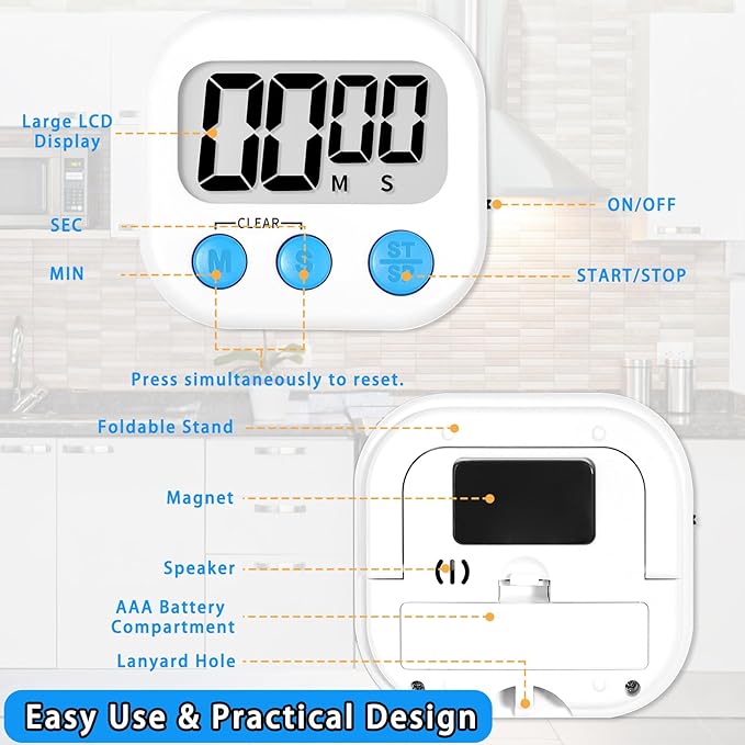 Lasubst Digital Kitchen Timers for Cooking, Magnetic Classroom Timers for Teachers Kids, Back to School Supplies Bulk (6 Pack, Black White)