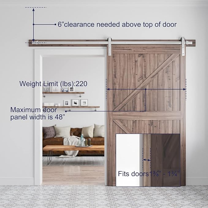 SMARTSTANDARD 8 Feet Brushed Nickel Barn Hardware Kit-Heavy Duty Sliding Track-Smoothly and Quietly-Easy to Install-Fit 42"-48" Wide Door Panel (J Shape Hanger)