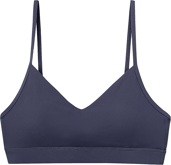 Oalka V Neck Sports Bra for Women Adjustable Padded Thin Straps Wireless Yoga Bras