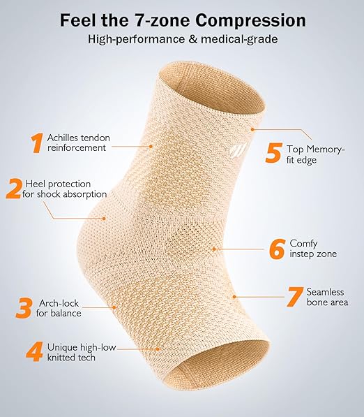 Flat Knitting Ankle Brace for Women&Men, 7-Zone Dynamic Compression Sleeve w/Flex Strap,Foot Support for Sports, Sprained Ankle, Achilles Tendonitis, Plantar Fasciitis Relief(Pack of1) S,Nude