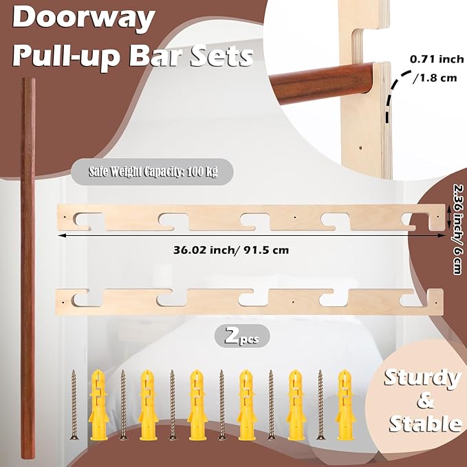 Leinuosen Doorway Pull-up Bar Sets Adjustable 5 Levels Wooden Doorway Pull-up Bar and 2 Door Frame with 6 Sets of Screw-in Heavy-duty Door-mounts to Fits 118cm(100kg Load Capacity)