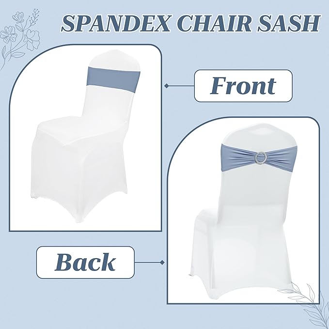 MDS Pack of 100 Spandex Chair Sashes Bow Premium Stretch Chair Cover Band with Buckle Slider Universal fits Elastic Dining Chair Ties for Wedding Party Banquet Events Decoration - Dusty Blue