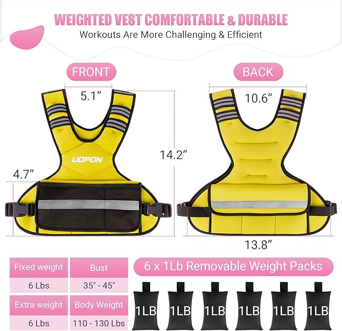 Adjustable Weighted Vest Women Men, 6-12 Lb/10-19 Lb/20-32 Lb Rucking Vest with 6 Ironsand Weights, Great Vest with Plus Pockets & Reflective Strips for Running, Walking, Workout and Strength Training