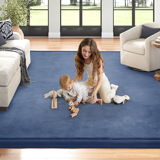 Baby Play Mat for Floor Nursery Rug Muscle Mat Area Rug Playroom Rug 71"x79" Playpen Mat Memory Foam 1.3" Thick Crawling Mat for Babies,Toddlers, Infants, Kids,Sapphire Blue