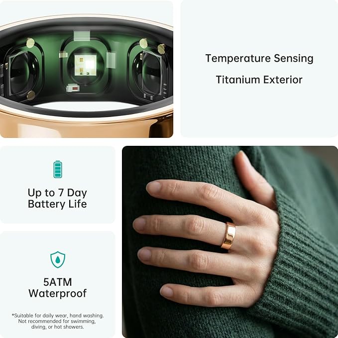 opove O Ring Smart Ring, Fitness Trackers Rings with Sleep/Stress/Heart Rate/Women's Health Monitoring, Comfortable Wearing, Up to 7 Days Using, Fitness Ring for Android & iOS, Rose Gold-Size10