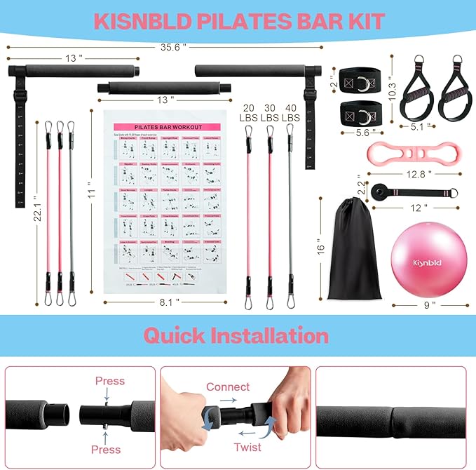 kisnbld Pilates Bar Kit with Resistance Bands, Multifunctional Pilates Bar with 3 Set Exercise Resistance Bands, Portable Pilates Equipment for Women Home Gym Yoga Workouts