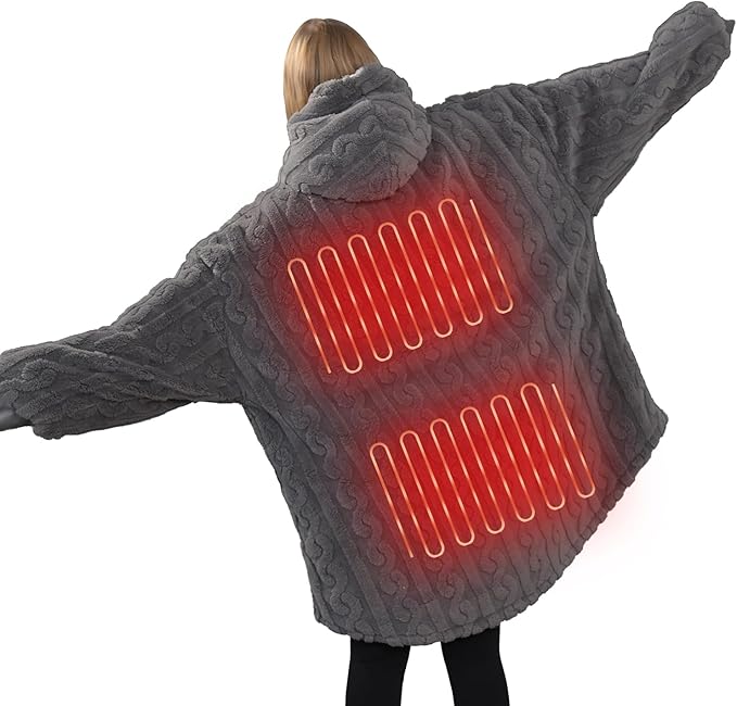 Heated Wearable Blanket Battery Powered, Come with 5000mAh Portable Rechargeable Charger, USB Fannel Sherpa Oversized Hoodie Sweatshirt, Machine Washable, Grey