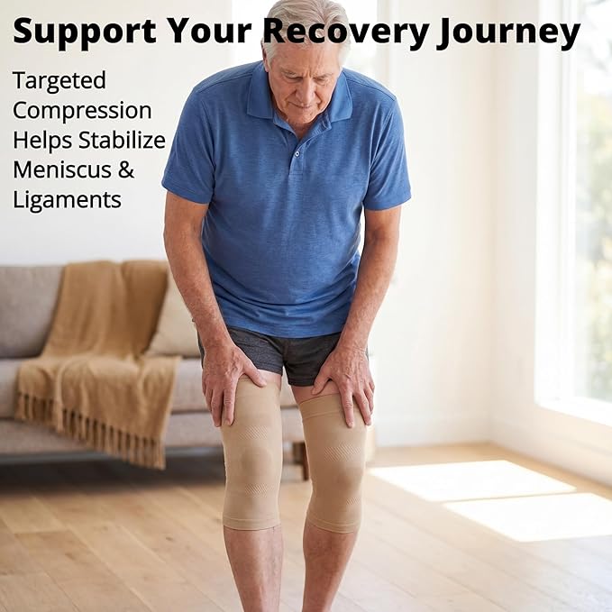Knee Compression Sleeves, 1 Pair, Can Be Worn Under Pants, 20-30mmHg Strong Support Knee Brace for Unisex, Knee Support for Meniscus Tear, Arthritis, Pain Relief, Injury Recovery, Daily Wear,Beige 3XL
