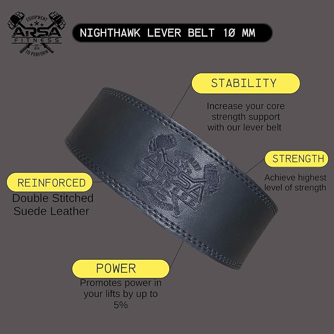 Arsa Fitness Weightlifting Adjustable Lever Belt for Men & Women Real Cow Hide Leather for Powerlifting Back Support Workout Deadlifts Squats 10MM Thickness 4" Width - Nighthawk