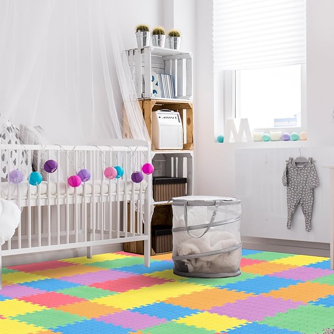 Shihanee Foam Floor Tiles Foam Floor Mats Play Mats Bulk with Borders Interlocking for Bedroom Gym Nursery(11.8 x 11.8 Inch,Colorful)