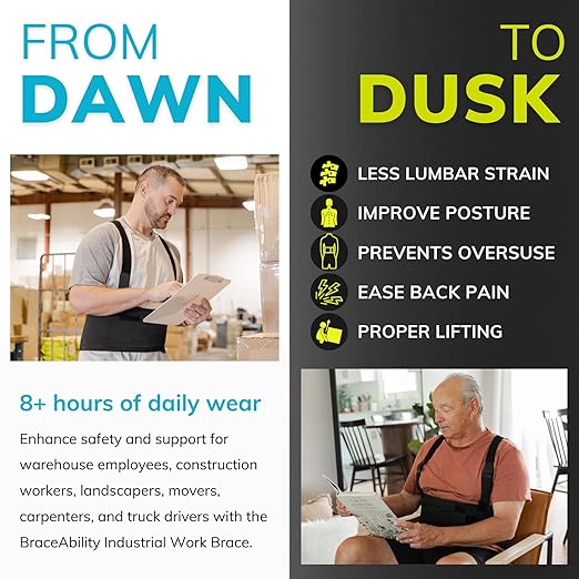 BraceAbility Work Back Brace - Removable Suspender Shoulder Straps for Heavy Lifting Safety - Industrial Lower Back Pain Protection Belt for Men and Women in Construction, Mover, Warehouse Jobs (3XL)