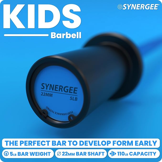Synergee Kids 5lb Barbell Child’s Weightlifting Bar with 2" Sleeves. Beginner Training Bar for Boys & Girls. Youth Fitness & Strength Training – Available in Orange, Blue, or Pink.