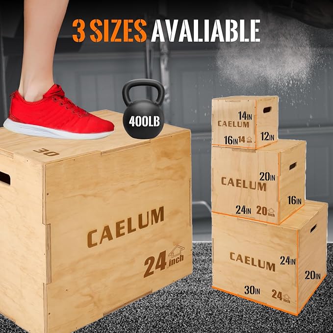 CAELUM 3-in-1 Wooden Plyo Box – Non-Slip Jump Box for Home & Gym, Heavy-Duty 400lbs Plyometric Box for Step-Ups, Squats, Strength & Agility Training