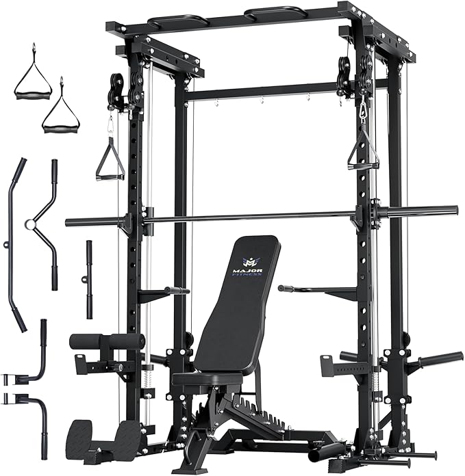 MAJOR FITNESS Drone3 Smith Machine, 2500lbs All-in-One Home Gym Power Rack with Dual Pulley System for Cable Crossover, Pull-Up Bars