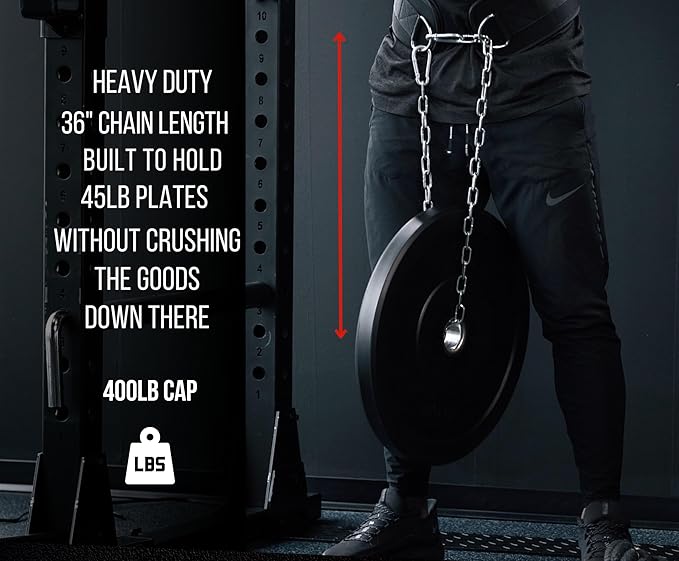 Dip Belt with Chain for Weightlifting – 42in Steel Belt Chain, 7in Padded Back Support, 400lb Capacity – Weighted Belt for Pullups, Dips, Squats – Heavy Duty Weight Belt for Men and Women