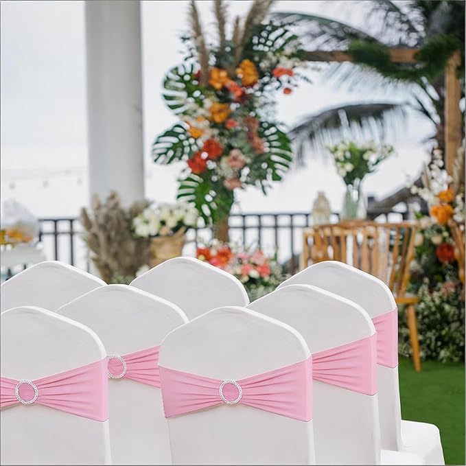 100PCS Stretch Wedding Pink Chair Sashes Bands with Buckle Slider Sashes Bow Decorations 25 Colors (Pink)