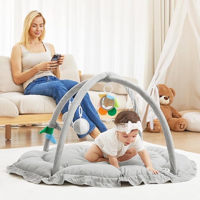 ANGELBLISS Baby Play Gym Mat, Reversible Tummy Time Mat with 6 Sensory Toys for Stage-Based Developmental, Thick & Large Baby Activity Center from Newborn to Toddler (Grey)