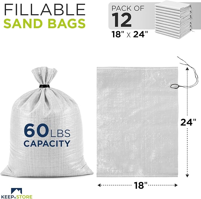 Heavy Duty Sand Bags Pack of 12, White Empty Sandbags with Built-In Ties, Woven Polypropylene UV Protection 1600 Hours, Fillable Bags for Flood Control, Weight, 18x24 inches, 60 Pounds Volume