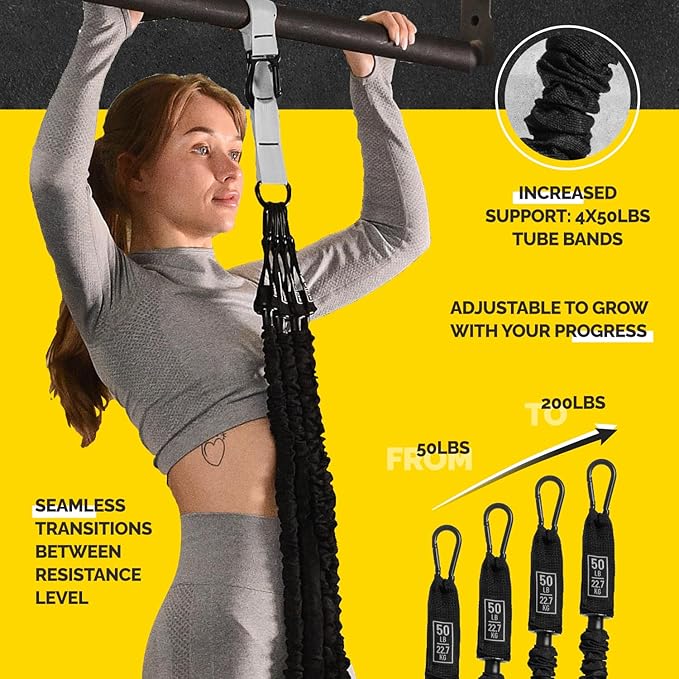 Pull Up Assistance Bands - 4 Heavy Duty Pull Up Bands with Adjustable Strap and Foot Rest - Stackable Pull Up Assist Band Set for Pull Up Bar - Resistance Bands for Pull Ups Chin Ups Strength Training