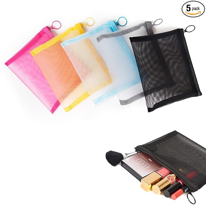 patu Zipper Mesh Bags, Size M / A6, 5 Pieces, Beauty Makeup Cosmetic Accessories Organizer, Travel Toiletry Kit Set Storage Pouch, Assorted Colors