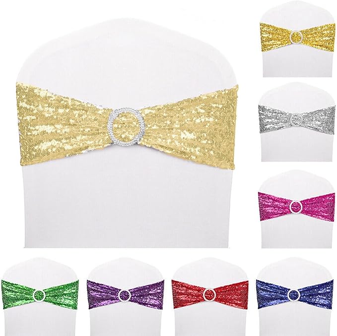 Dimatic 25 PCS Stretch Sequin Chair Sashes Chair Stretchy Spandex Bands for Wedding Reception Events Banquets Chairs Decoration (Gold)