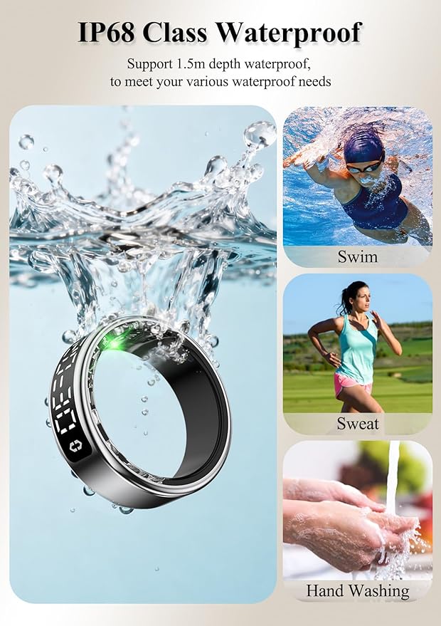 Smart Ring with LED Display，Fitness Tracker Ring, IP68 Waterproof Health Tracker Ring, Blood Oxygen & Heart Rate Monitor, Long Lasting Battery Sleep Ring for Women & Men