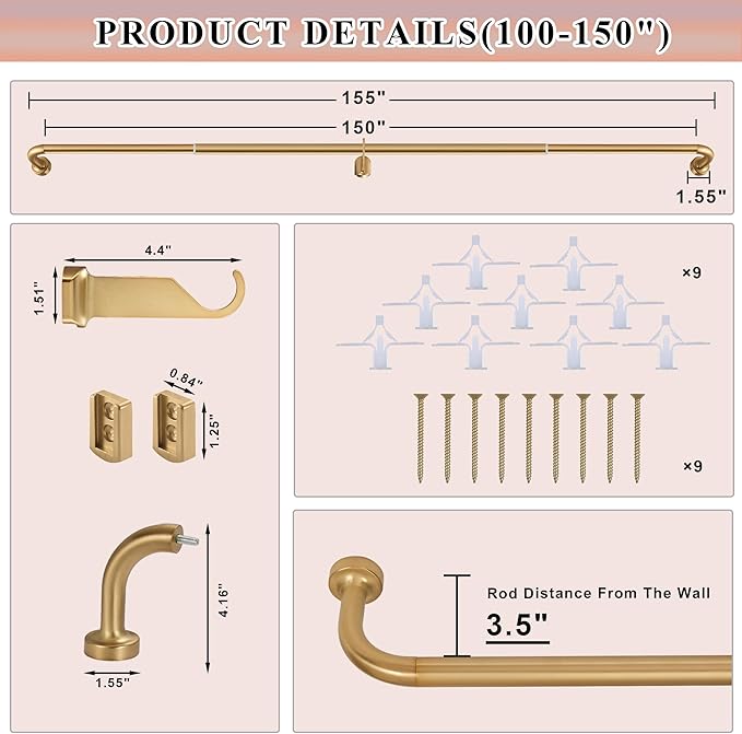 Warm Gold Curtain Rods 2 Pack,1 Inch Disc Curtain Rods for Windows 100 to 150",Blackout Wrap Around Curtain Rod with Aluminum Finials and Brackets,No Screw Disassembly Adjustable Curved Curtain Rod