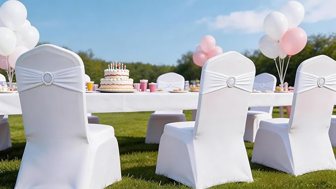 Wedding White Chair Sashes 100 Pack Spandex Chair Bands with Buckles Slider Chairs Bows for Party Birthday Bridal Shower Engagement Anniversary Christmas Event Decorations