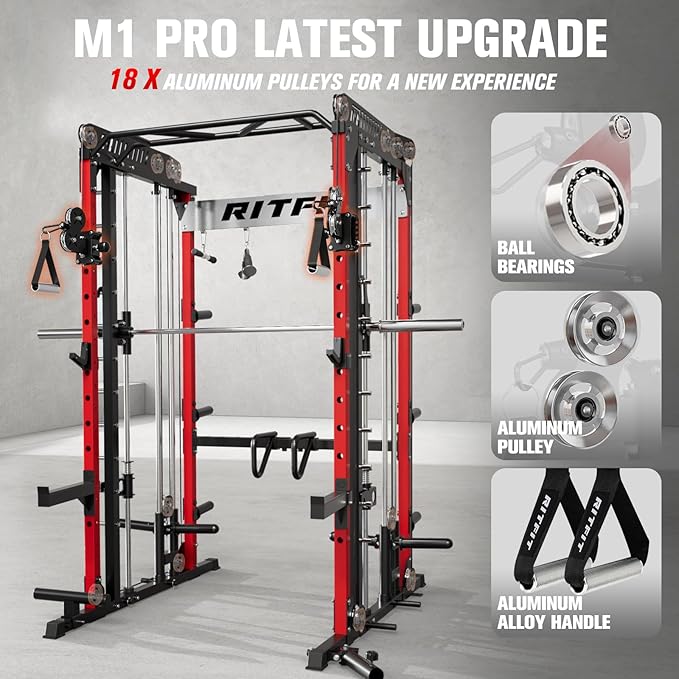 RitFit M1 Pro Smith Machine with Cable Crossover System, Multi-Function Squat Rack Power Cage for Home Gym, Power Rack and Packages