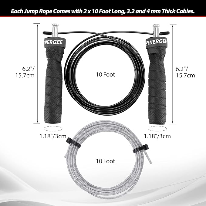 Synergee Jet Black Speed Jump Rope - (2) Adjustable 10 Ft Cable - Steel Ball Bearings - For CrossFit, MMA, Boxing & Fitness, Anti-Slip Handles.