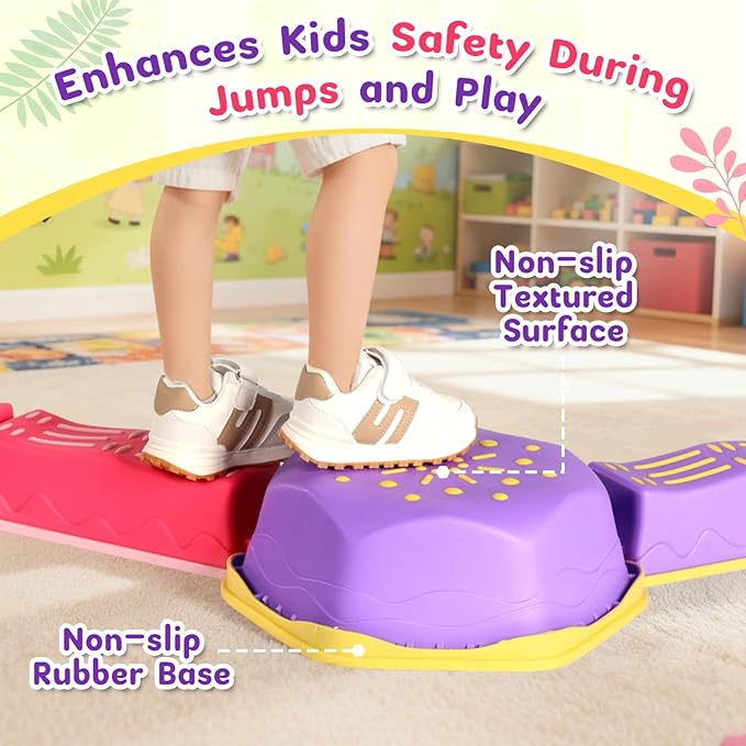 18 Pieces Non-Slip Balance Beam Stepping Stones for Kids 3 Years + Stackable Obstacle Course Balance Board for Toddlers Thicken Plastic Hold up 220LBS Indoor Outdoor Sensory Toy