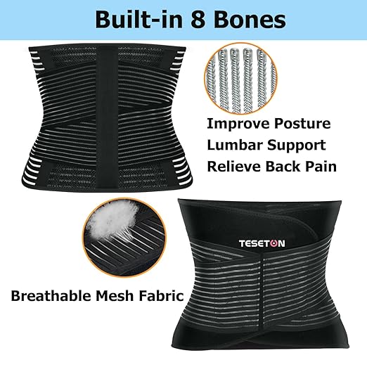 TESETON Back Wrap for Men & Women, Brace Belt Plus Size,Breathable Lumbar Support for Scoliosis, Waist Relax Lower Back Pain, Sciatica Pain Relief with 8 reinforced Bones 02 Black-XL