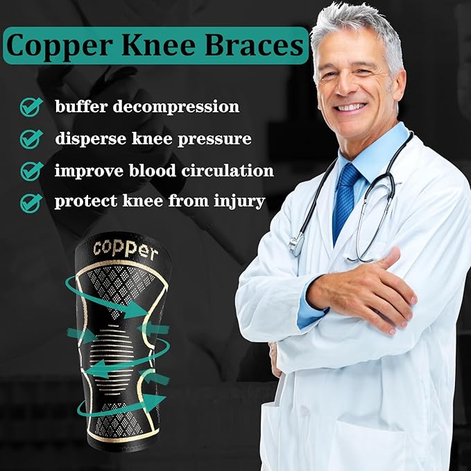 Copper Knee Braces for Women and Men 2 Pack, Knee Compression Sleeve for Knee Pain, Arthritis,ACL, Meniscus Tear, Joint Pain Relief, Knee Support for Running, Working Out, Fitness, Weightlifting-M
