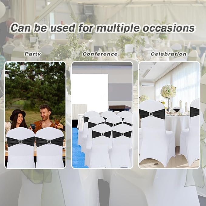 Joccun 120 PCS Spandex Chair Sashes Bows Stretch Chair Cover Band with Buckle Slider Universal Elastic Chair Ties for Wedding Banquet Party Event Decoration (Black)