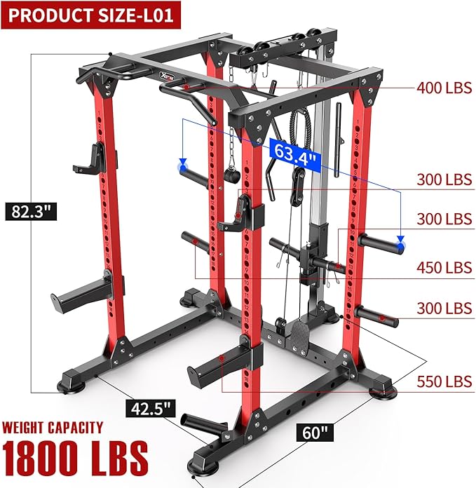 Multi-Purpose Squat Rack,Smith Machine Weight Rack Set with Cable Crossover System, Home Gym Power Racks, Power Racks and Packages