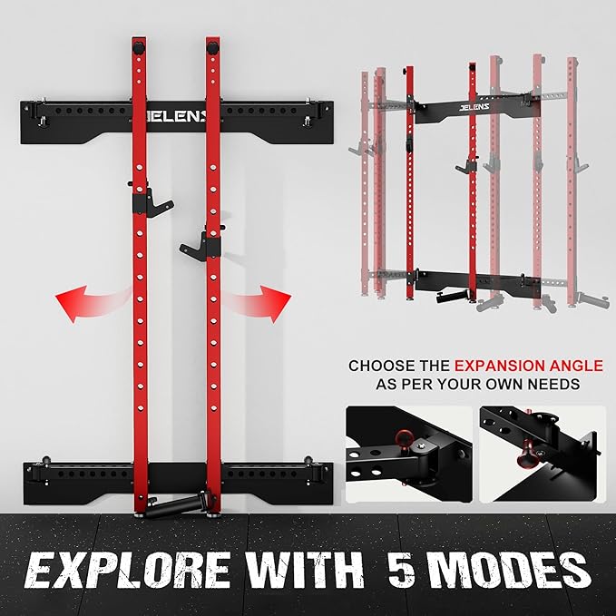 JELENS SF01 Folding Squat Rack, Wall Mounted Power Rack for Home Gym, Space Saving Multi-Functional Power Cage with More Attachments