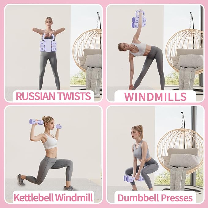Adjustable Kettlebell Set, 4-in-1 Free Weight Kettlebell sets (5.5lbs 7.7lbs 9.9lbs 12.1lbs) for women, Hand Weight Dumbbell Set of 2 for Home Gym Fitness Training