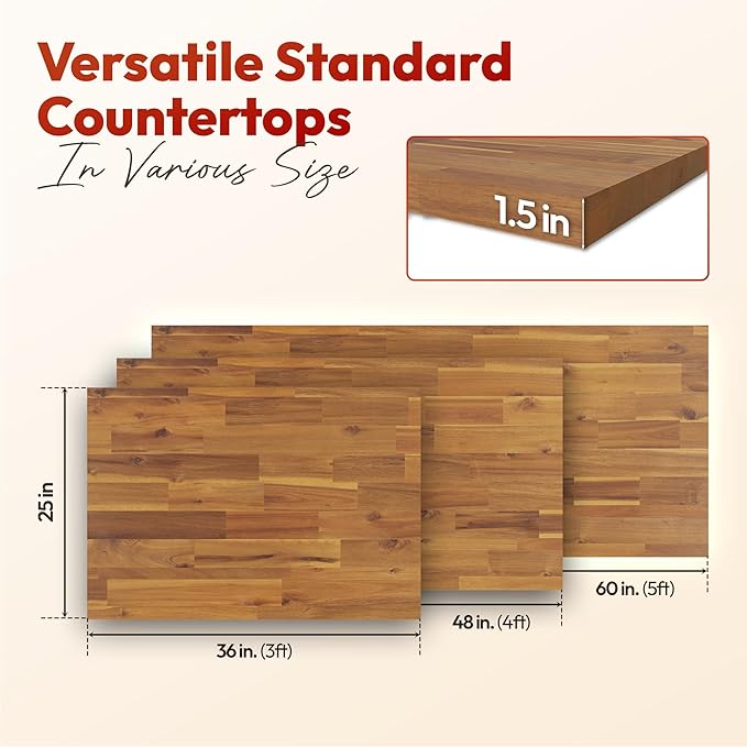 Howizz Acacia Butcher Block Countertop 36 x 25 x 1.5 Inches, Teak Stain Solid Wood Table Top for Desk Top, Workbench Top, Kitchen Countertop