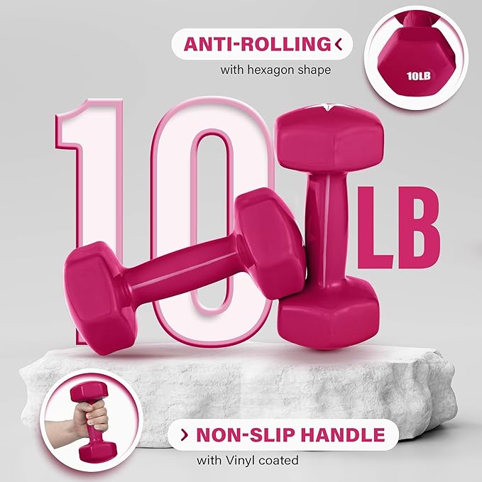 Yes4All Vinyl Hexagon Dumbbell - Dumbbells Set of 2 Hand Weights for Home Gym & Strength Training (2-15 lbs Weight Options)