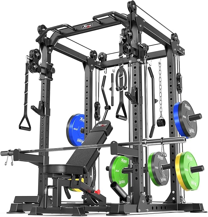 Power Cage Multi-Function Power Rack with Cable Crossover System,1500 LBS Capacity Squat Rack with Weight Bench,for Home Gym