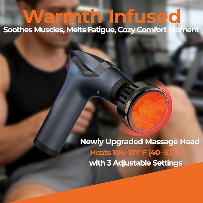 3-in-1 Detachable Deep Tissue Massage Gun with Heat & Extension Handle, Percussion Muscle Massager for Arms, Shoulders, Back,Waist, Portable & Quiet for Home, Gym & Office, 12 Adjustable Speeds